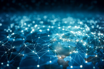 Blue digital business networks illustration blending technology connection, featuring a mesmerizing abstract blue background 