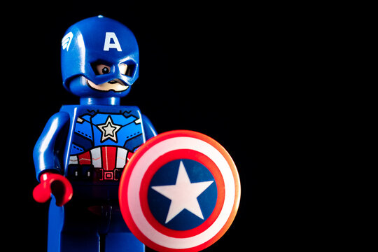 LEGO Marvel's Captain America in a blue helmet with Avengers logo. Captain America with shield