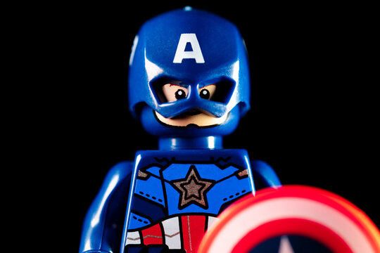 LEGO Marvel's Captain America in a blue helmet with Avengers logo. Captain America with shield