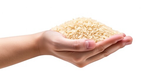 Hand holding rice isolated white background. AI generated