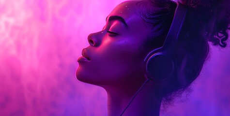 person listening to music on headphones next to purple background