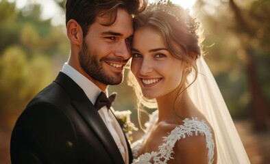 portrait of wedding couple near the forest