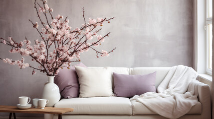 Stylish living room with vase and blooming cherry, sofa, interior, furniture, room, couch, home, wall, design, living, comfortable, leather, house, apartment, 3d, chair, floor, seat, luxury