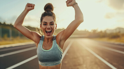 joyous woman with her arms raised in victory is celebrating on a track field with a sunset in the background - obrazy, fototapety, plakaty