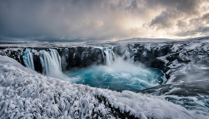 Scenic view of waterfall in iceland during winter. Travel and adventure concept