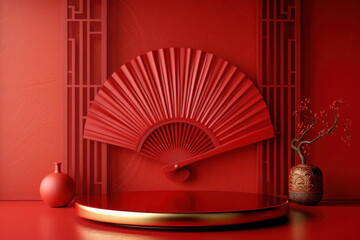 Empty round gold podium or platform on red background with red fan on wall, Minimalist stage design for product display