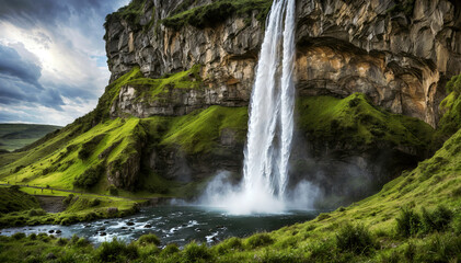 Obraz premium Beautiful Scenic view of the waterfall in Iceland surrounded by lush fresh grass. Travel and adventure concept.