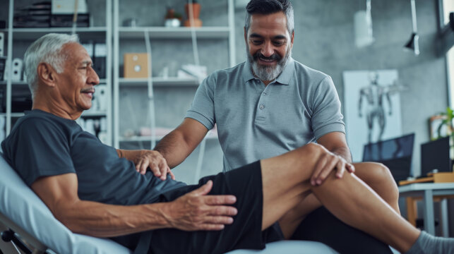 physiotherapist is examining or treating the leg of a male patient - Powered by Adobe