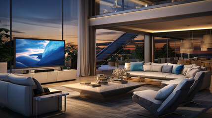 Futuristic contemporary living room, tech, technology design, interior, room, furniture, home, tv, living, design, sofa, table, office, apartment, television, house, luxury, wall, 3d, window, chair