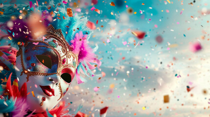 Fototapeta na wymiar Vibrant carnival masks against a backdrop of confetti-filled skies, creating a whimsical and dynamic composition with space for text