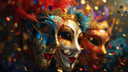 Carnival masks arranged in a dynamic pattern with confetti cascading around them, providing a visually impactful and dramatic setting for text - obrazy, fototapety, plakaty