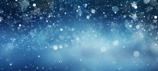 Winter time! Horizontal banner, white snowflakes on blue background, bokeh, confetti, glitter