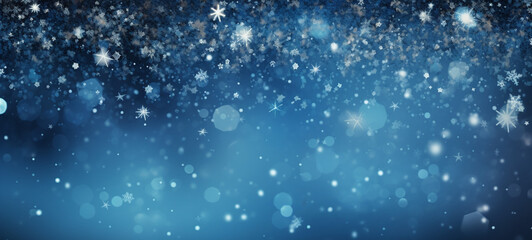Fototapeta na wymiar Winter time! Horizontal banner, white snowflakes on blue background, bokeh, confetti, glitter