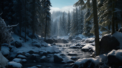 Winter forest and river