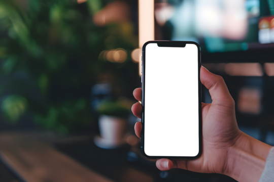 Screen, mockup and hands with phone for ux, internet and web search on social media. Smartphone and person with mobile connection or online shopping. A cafe in the background