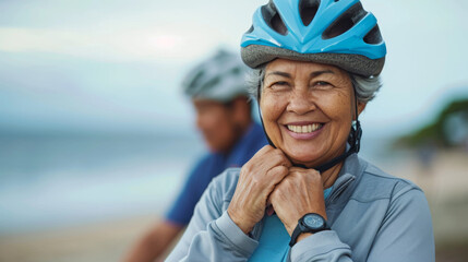 cheerful senior woman with a bicycle helmet, smiling brightly, likely enjoying an outdoor cycling activity