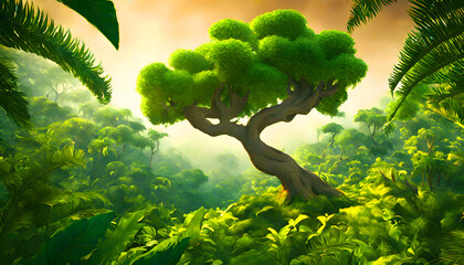 3d illustration of an amazing old tree, gaming background, green forest in the jungle  - obrazy, fototapety, plakaty
