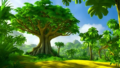 Photo sur Plexiglas Vert 3d illustration of an amazing old tree, gaming background, green forest in the jungle 
