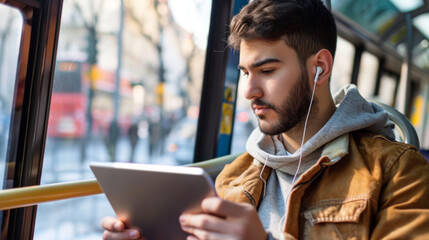 man is sitting in a bus, looking intently at his phone while wearing earphones, a hoodie, and a mustard-colored jacket, with the city passing by outside the window
