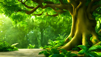 3d illustration of an amazing old tree, gaming background, green forest in the jungle 