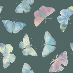 colorful butterflies, hand drawn illustration, seamless pattern on green background.