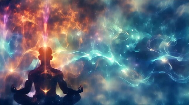 meditating body silhuette with chacras and cosmic energy