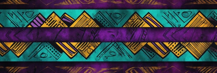 Aubergine, citrine, and cyan seamless African pattern, tribal motifs grunge texture on textile