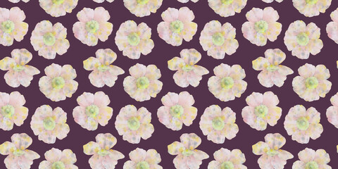 rosehip pattern. Hand drawn seamless watercolor rosehip flowers on purple background for wallpaper, packaging, print