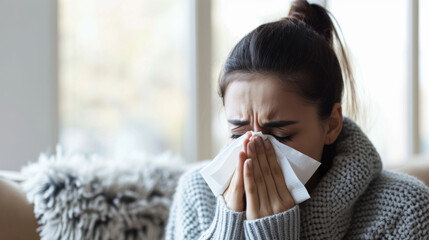 young woman is sneezing or blowing her nose into a tissue