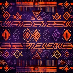 Aubergine, tangerine, and navy seamless African pattern, tribal motifs grunge texture on textile