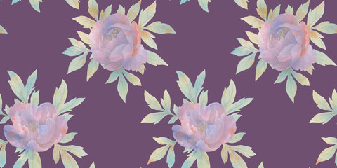 abstract peony flowers with leaves, seamless watercolor pattern on purple background