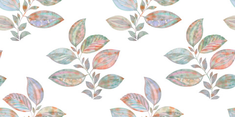 seamless pattern drawn with watercolor paints, colorful leaves on a white background