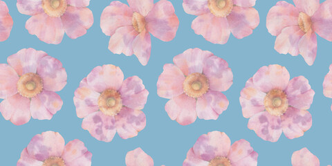 seamless floral pattern, delicate rosehip flowers on a blue background