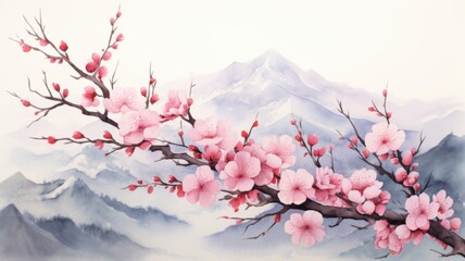 Watercolor illustration of sakura blossoms in spring season. Cherry pink petals against fogy mountains landscape