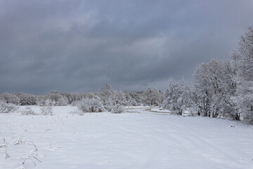 Dark sky over a winter river with trees, snow in a field in the foreground.