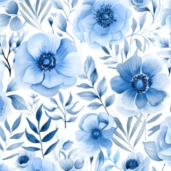 Fototapeta na wymiar Blue watercolor botanical digital paper floral background in soft basic pastel tones