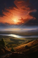 A brilliant sunset over a mountain lake with a meteor streaking through the sky.