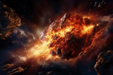 A massive, burning asteroid explodes amidst a debris-filled space near rocky terrain.