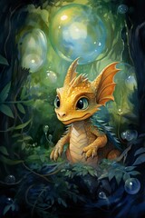An orange dragonling marvels at glowing orbs in a moonlit forest.