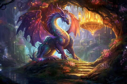 A powerful dragon oversees a mystical realm from a floral hilltop.