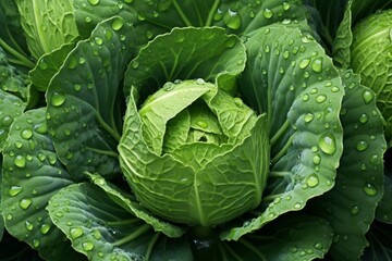Obraz premium background of fresh cabbage with drops of water, green vegetable.