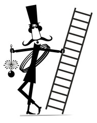 Cartoon chimney sweeper. 
Funny chimney sweeper in the top hat with a rope, chimney brushes and ladder. Black and white illustration
