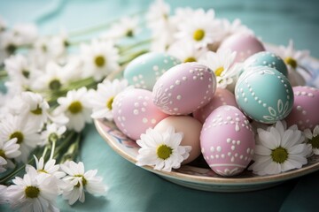 Fototapeta na wymiar colorful pastel painted easter eggs on plate next to white daisies, in light pink and dark aquamarine.