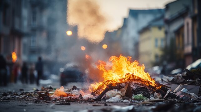 garbage burns on a ruined street against a blurred background of the ruins of old buildings.