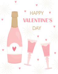 Bottle of wine with two glasses on the background of hearts and description Happy Valentine's day. Vector illustration.