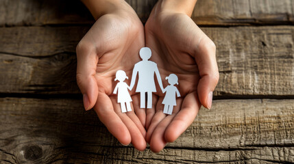 two hands are gently cupping a chain of paper figures resembling a family