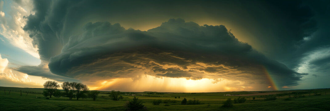 Massive shelf cloud over plains with sunset and rainbow