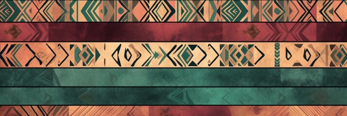 Burgundy, peach, and jade seamless African pattern, tribal motifs grunge texture on textile background