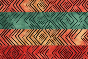 Burgundy, peach, and jade seamless African pattern, tribal motifs grunge texture on textile background - obrazy, fototapety, plakaty