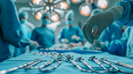 surgical scene with a focus on a surgeon's gloved hands selecting a surgical instrument from a sterile table